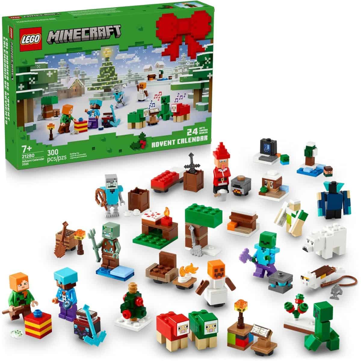 LEGO Minecraft Advent Calendar with 24 mini builds including characters, mobs, animals, and festive holiday-themed accessories from the Minecraft universe.