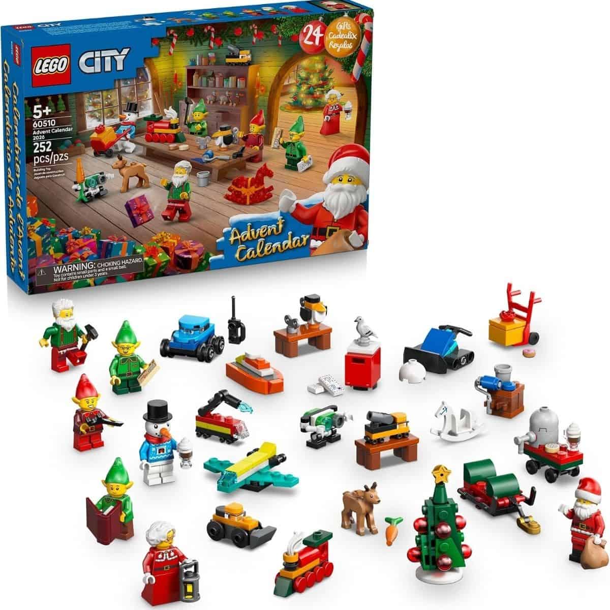 LEGO City Advent Calendar with 24 mini builds and figures including Santa, Mrs. Claus, reindeer, Christmas tree, vehicles, and holiday-themed accessories.