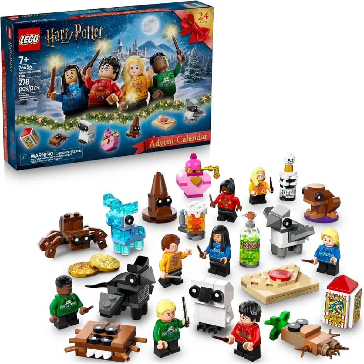 LEGO Harry Potter Advent Calendar with 24 mini builds including wizards, magical creatures, potions, and iconic Hogwarts-themed accessories for the holiday season.