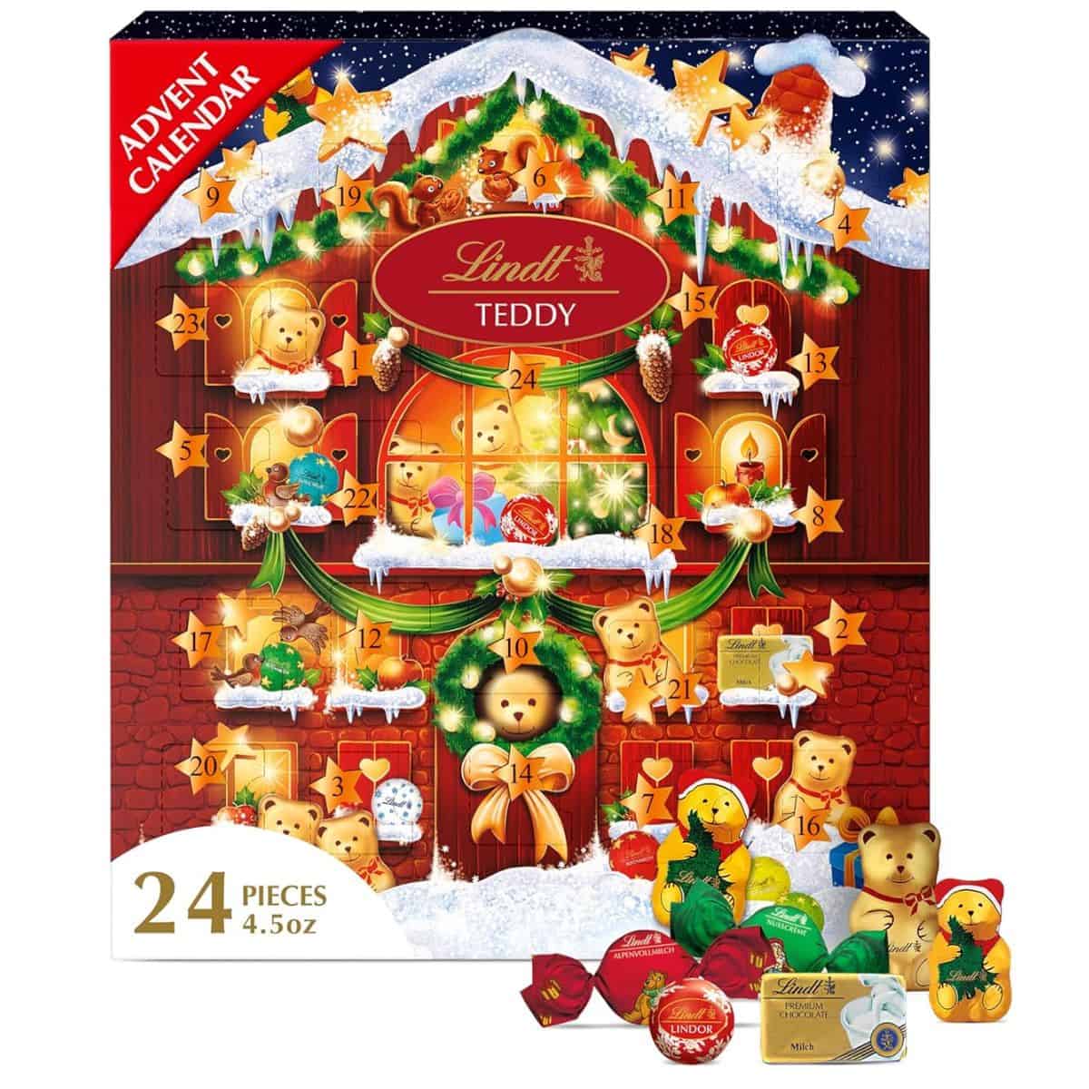 Lindt Teddy advent calendar with 24 chocolate pieces, featuring festive teddy bear designs, Lindor truffles, and holiday-themed chocolate treats.