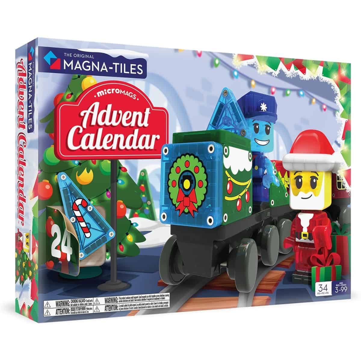 Magna-Tiles Advent Calendar featuring 34 magnetic building pieces with holiday designs, including Santa, festive characters, and a Christmas-themed train set.