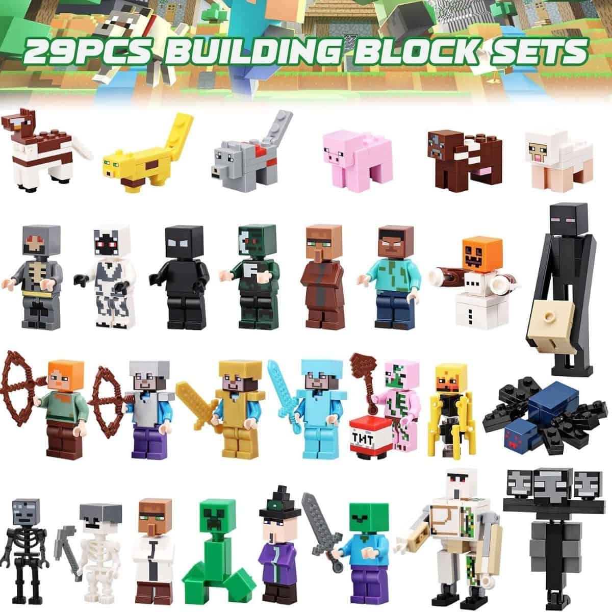 LEGO Minecraft Advent Calendar with 24 mini builds including characters, mobs, animals, and festive holiday-themed accessories from the Minecraft universe.