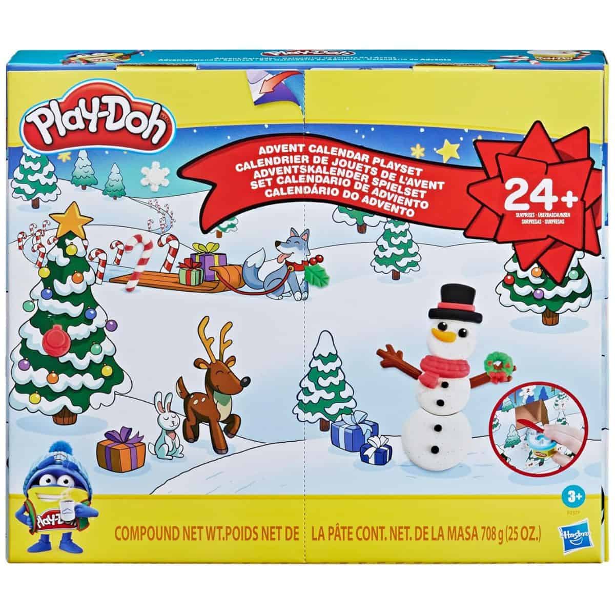 Play-Doh Advent Calendar playset with 24+ surprises, featuring holiday-themed molds, tools, and colorful clay for creating festive shapes like snowmen and trees.