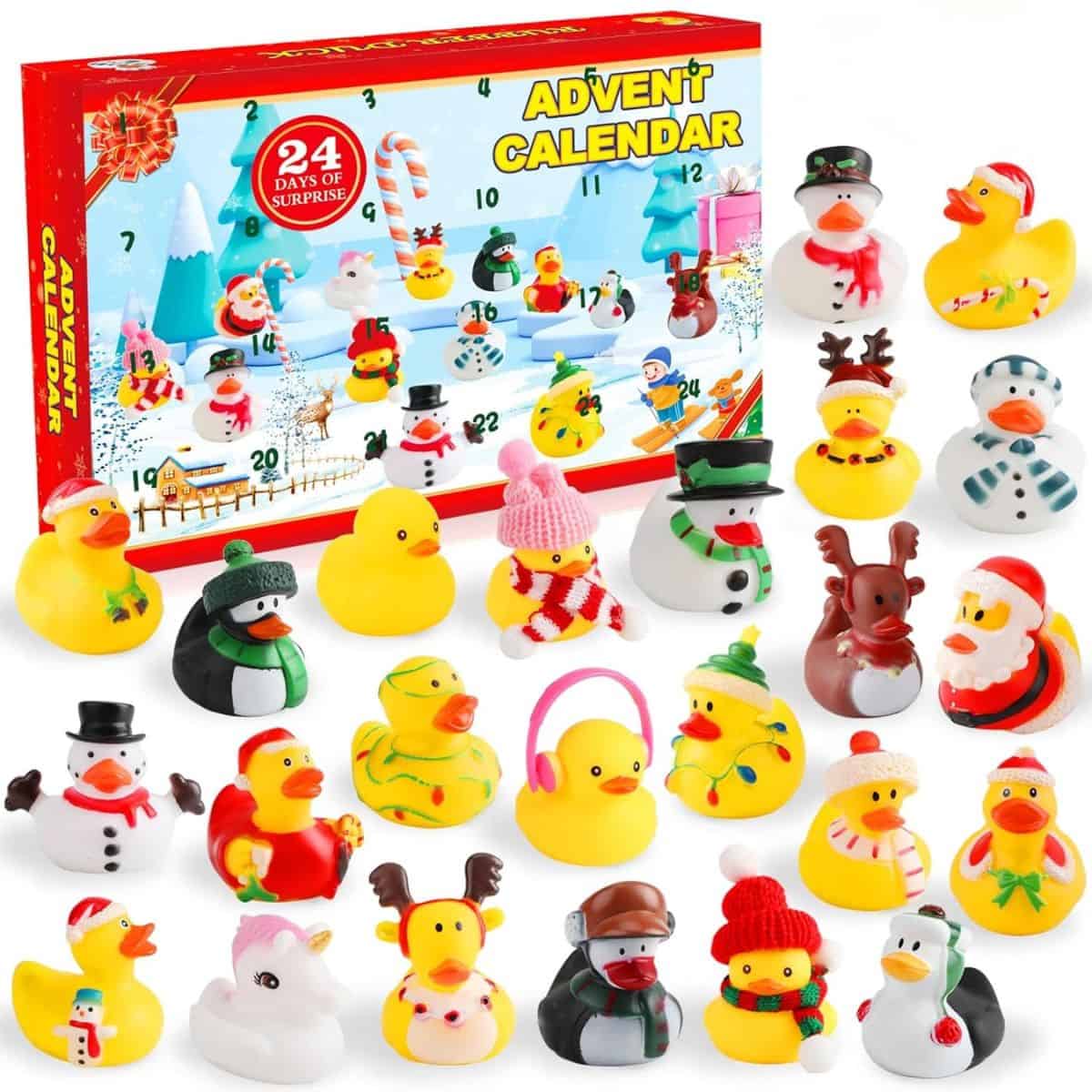 Rubber Duck Advent Calendar with 24 holiday-themed ducks, including designs like Santa, snowman, reindeer, penguin, unicorn, and festive winter outfits.