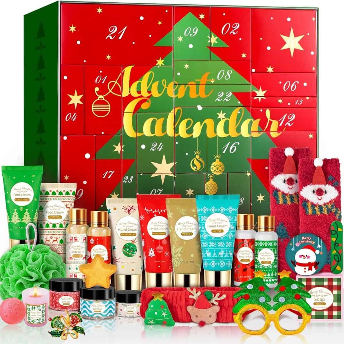 Christmas skincare advent calendar with 24 numbered boxes, hand creams, lotions, bath salts, soap, socks, and festive spa accessories.