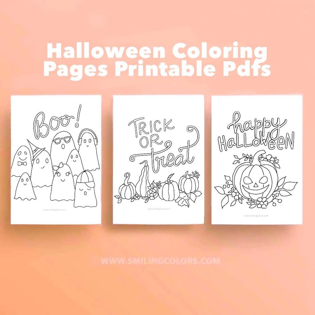Three Halloween coloring page printables featuring ghosts with 