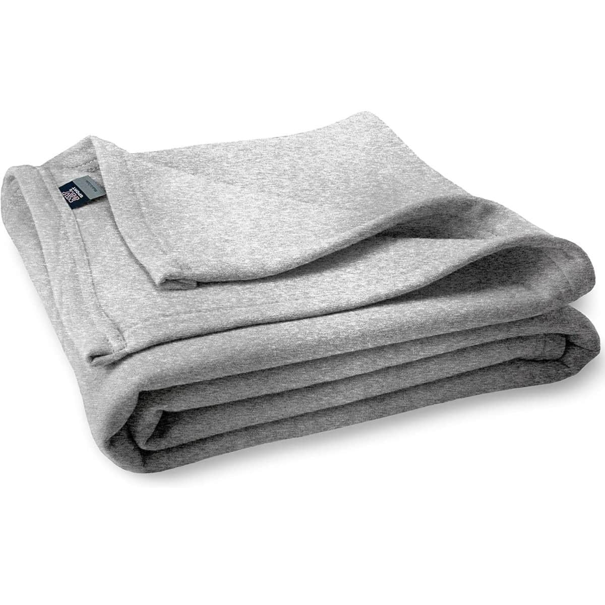 Folded gray sweatshirt blanket throw with a soft, cozy fabric, neatly stacked and ready for use on a bed, couch, or chair.