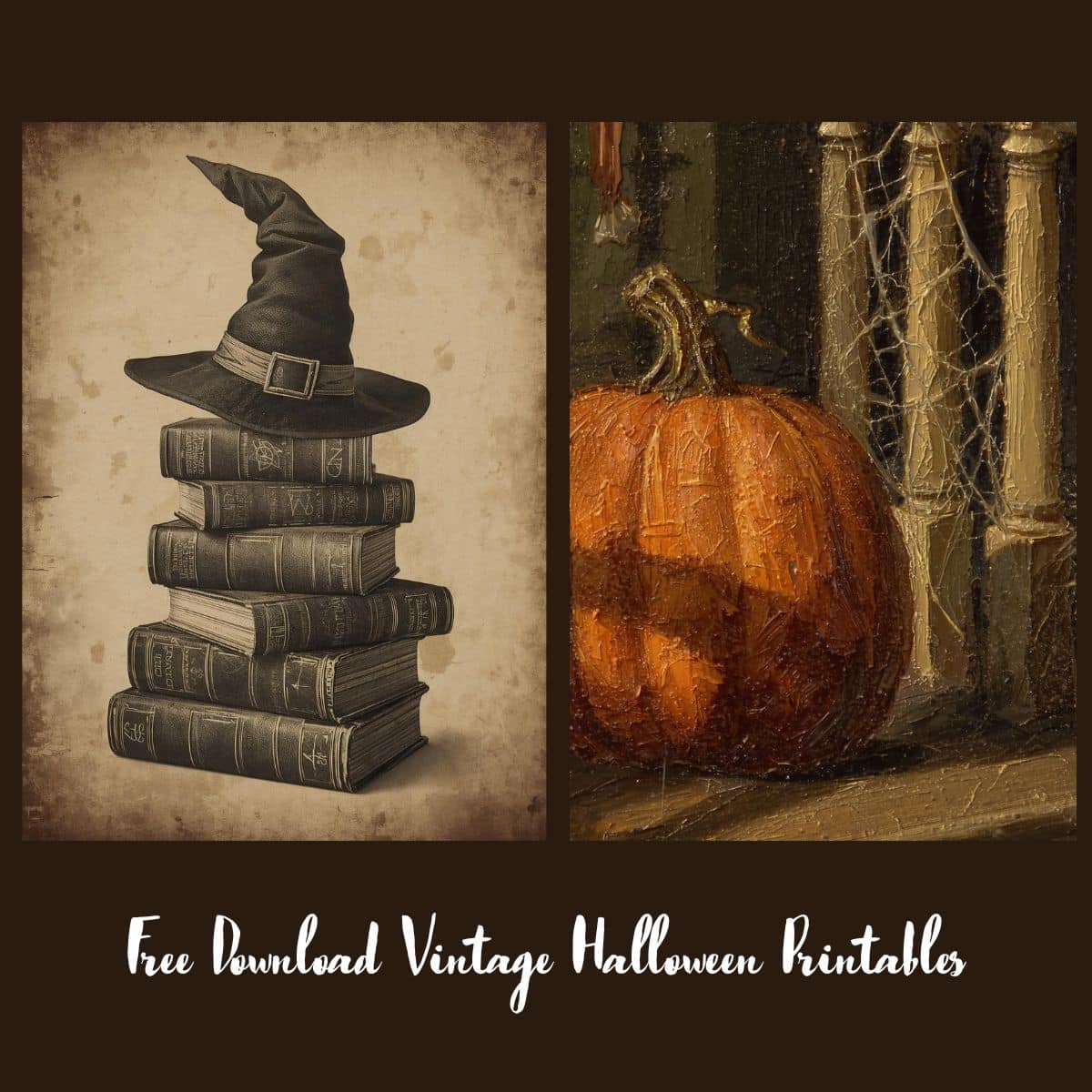Vintage Halloween printables featuring a witch hat on stacked books and a pumpkin beside cobweb-covered spindles. Free download text below.