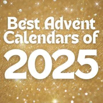 Gold glitter background with bold white text that reads Best Advent Calendars of 2025, highlighting festive holiday countdowns and gift ideas.