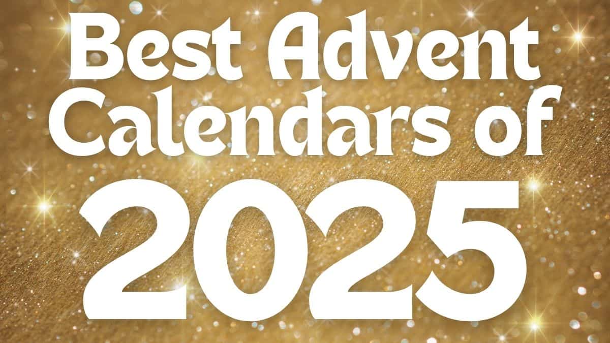 Gold glitter background with bold white text that reads Best Advent Calendars of 2025, highlighting a holiday gift and countdown theme.