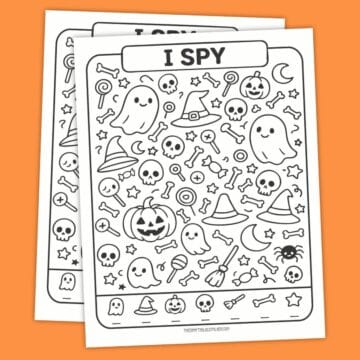 Halloween I Spy printable activity sheet with ghosts, pumpkins, witch hats, skulls, bones, candy, and stars on an orange background.