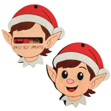 Two wooden Christmas elf ornaments with Santa hats, one smiling and one with a "Daily Elf Update" slider to mark naughty or nice.