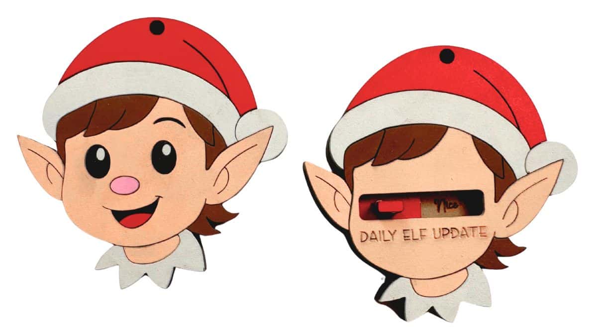 Two wooden Christmas elf ornaments wearing Santa hats, one with a smiling face and one with a 