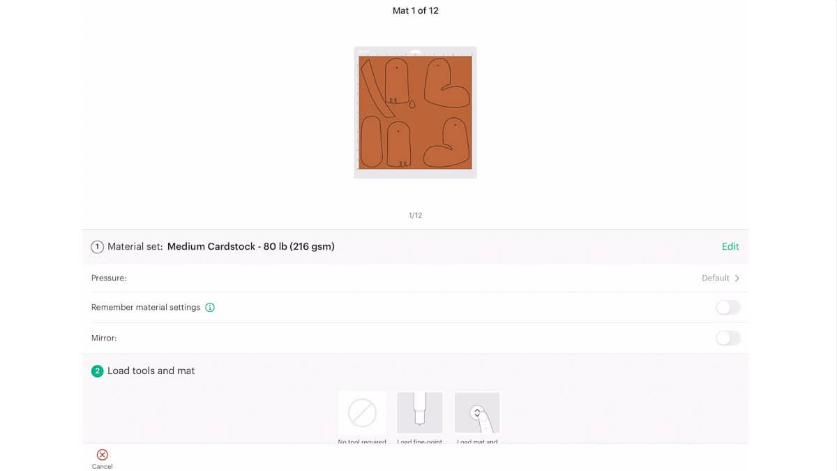 Cricut Design Space mat preview showing scarecrow pieces set to cut from brown cardstock, with material set to medium cardstock at 80 lb (216 gsm).
