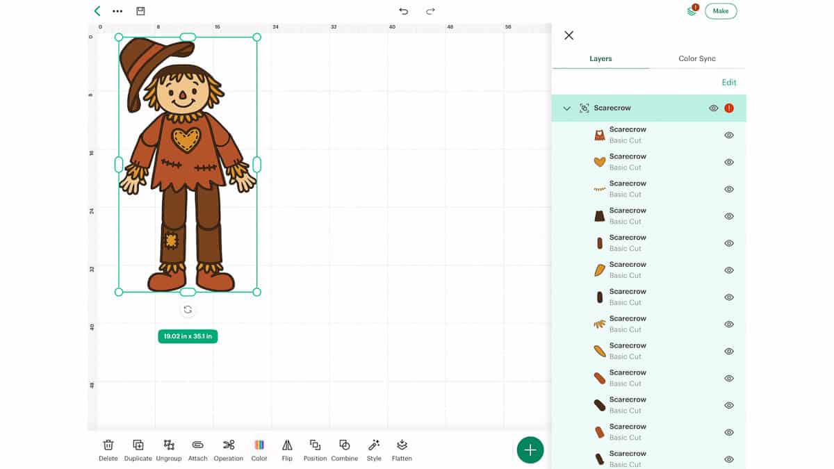Cricut Design Space screenshot showing a layered scarecrow SVG design with grouped elements and an error warning in the layers panel.