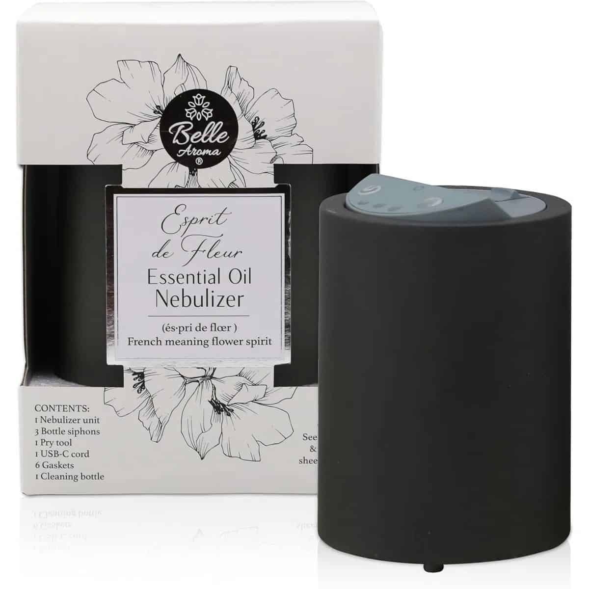 Belle Aroma Esprit de Fleur Essential Oil Nebulizer in black with packaging featuring floral artwork and labeled contents list.