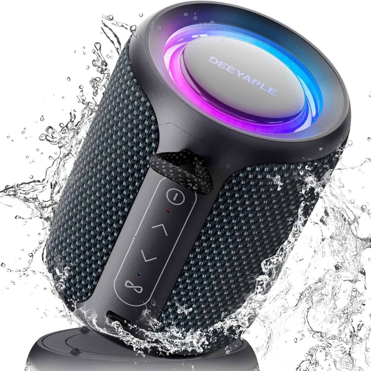 Black portable Bluetooth speaker with control buttons and a glowing blue and purple light ring surrounded by splashing water.