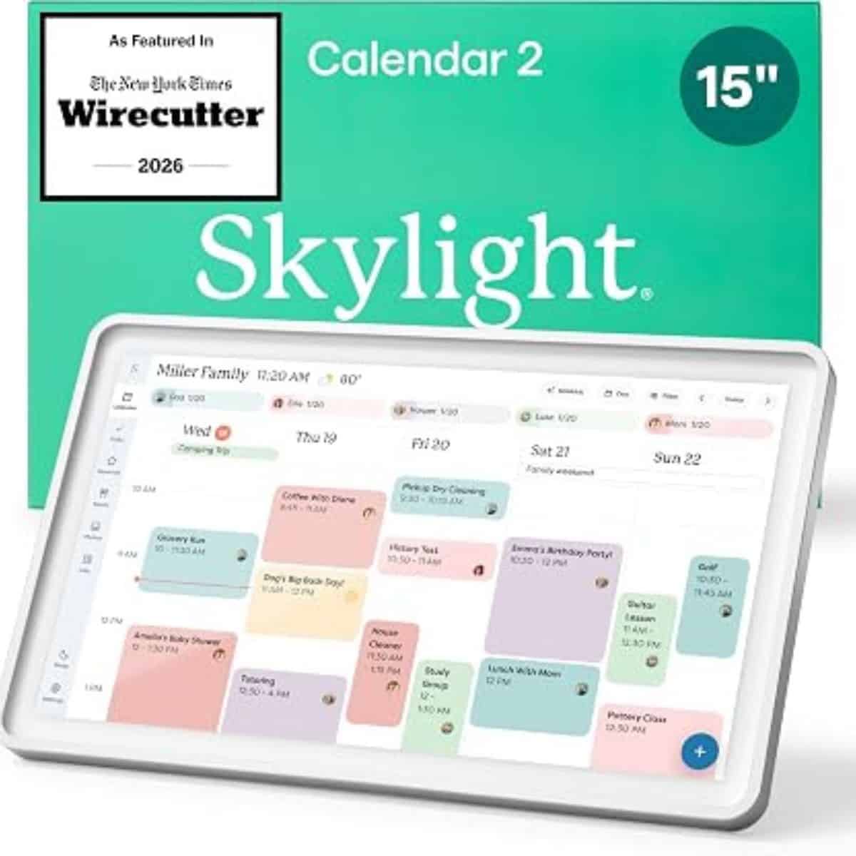 Skylight Calendar 2 with a 15-inch digital touchscreen displaying a color-coded weekly family schedule.