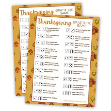 Two printable Thanksgiving Gratitude Game sheets with dice prompts and a festive turkey and acorn border, perfect for a fun family holiday activity.