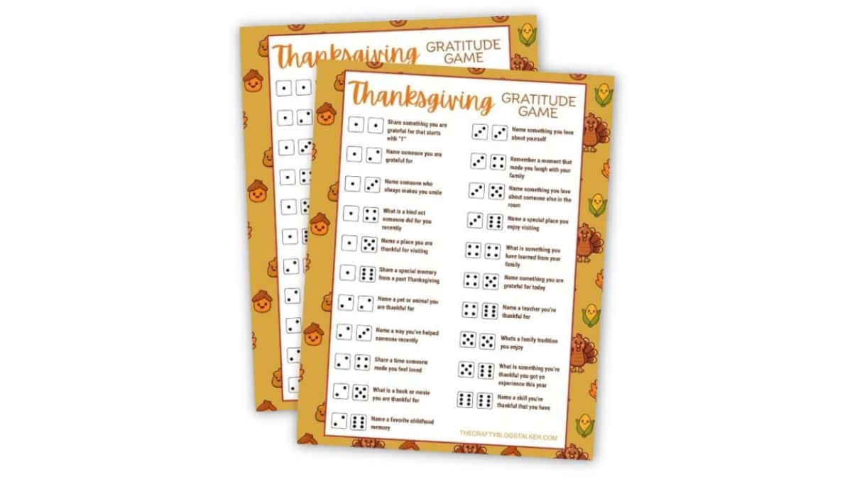 Two printable Thanksgiving Gratitude Game sheets with dice prompts and a festive turkey and acorn border, perfect for a fun family holiday activity.