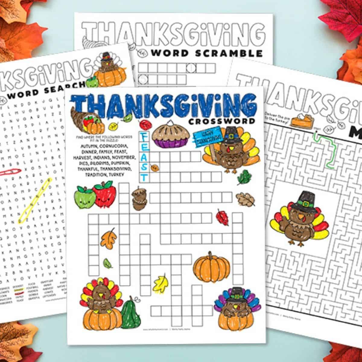 Printable Thanksgiving activity pages for kids including a crossword, maze, word search, and word scramble with turkey and fall-themed illustrations.