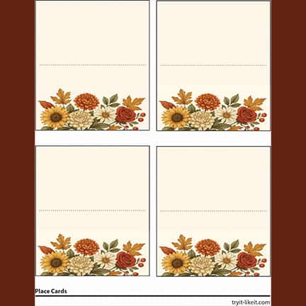 Printable fall place cards with red, orange, and yellow floral designs and blank spaces for names, perfect for Thanksgiving table settings.