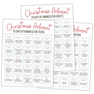 Three Christmas advent printables titled “25 Days of Kindness” for adults, teens, and kids, each showing daily kindness activities in a grid layout.