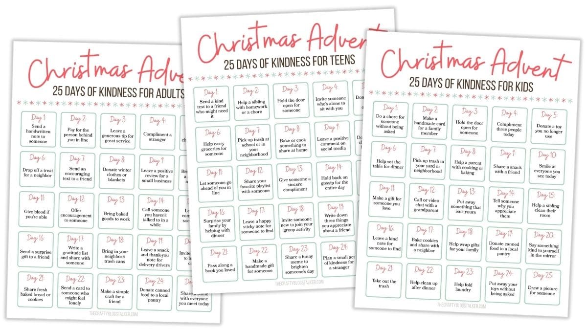 Three Christmas advent printables titled “25 Days of Kindness,” showing daily kindness activities for adults, teens, and kids.