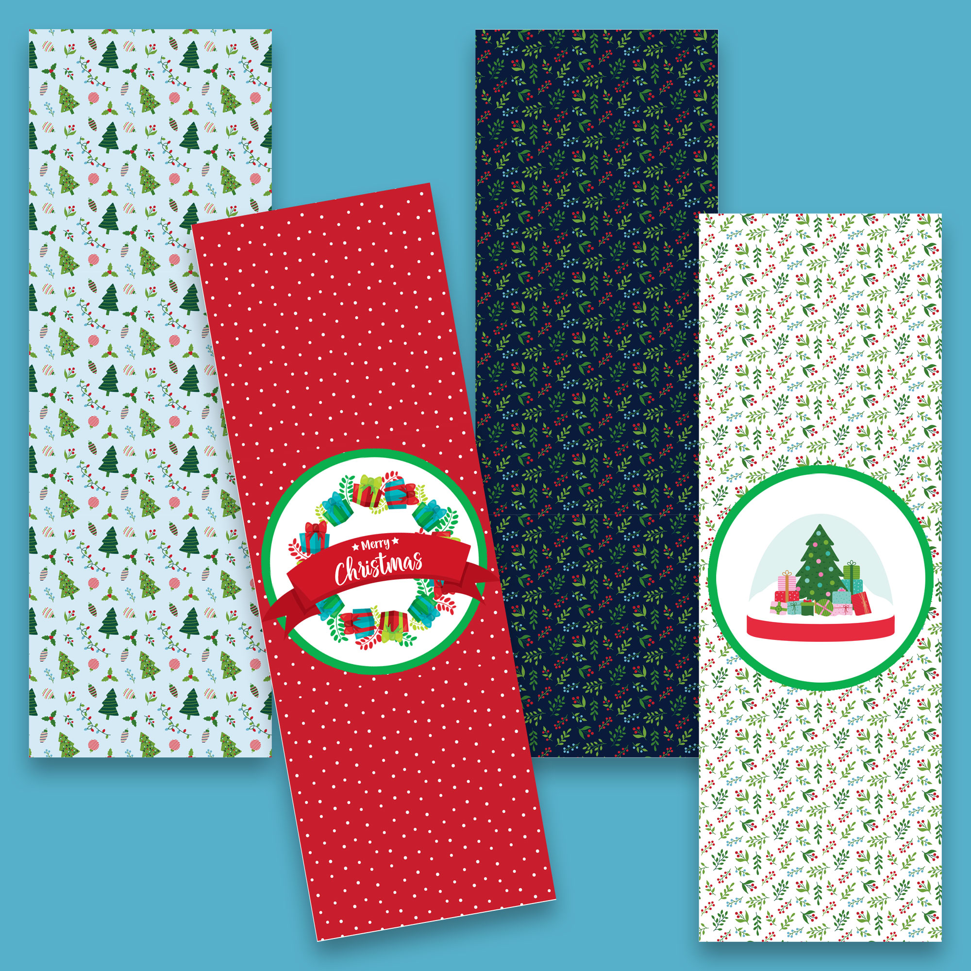 Christmas-themed printable bookmarks featuring patterned designs with trees, holly, gifts, and festive illustrations in red, green, blue, and white.