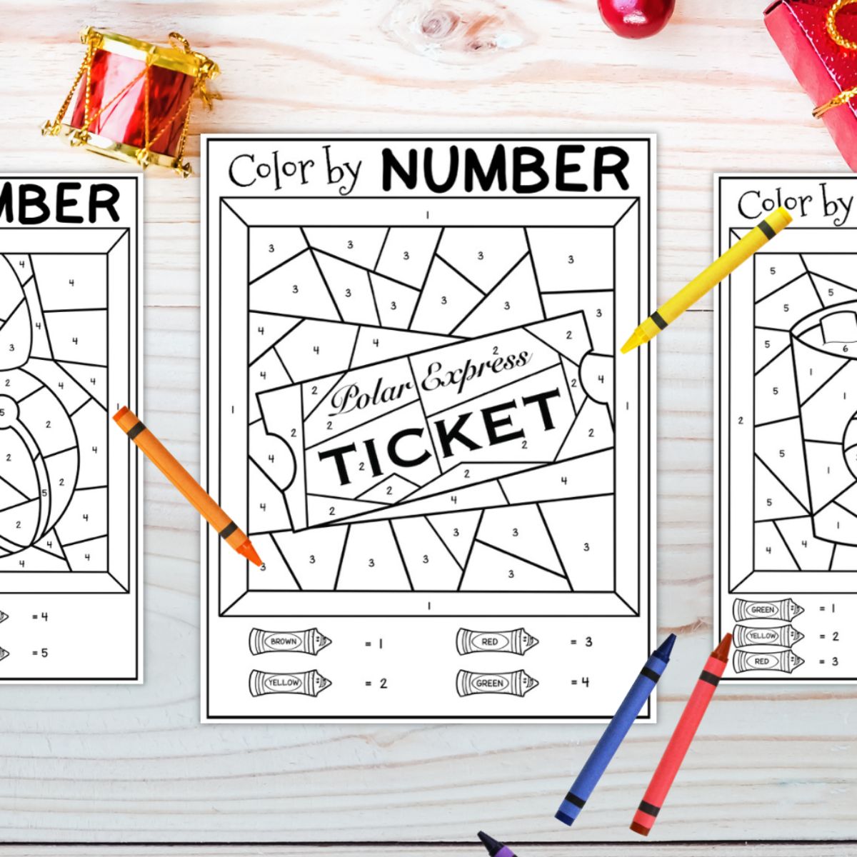 Color-by-number Polar Express ticket coloring page on a light wood table with crayons placed around the printable.