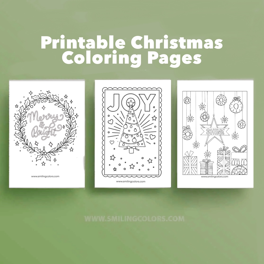 Three printable Christmas coloring pages featuring a wreath with 