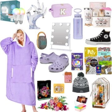 Collage of holiday gift ideas for women including cozy wear, beauty sets, home decor, tech gadgets, crafts, and accessories in soft pastel and neutral colors.