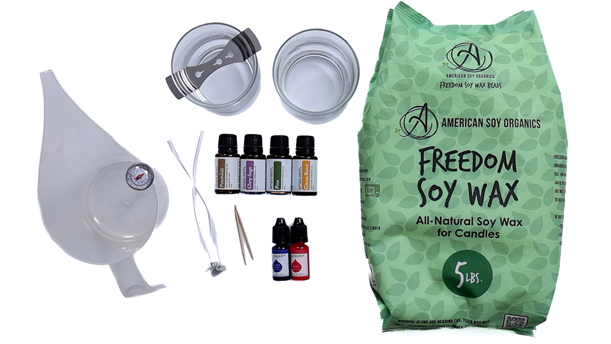 DIY candle-making supplies including soy wax, fragrance oils, wicks, jars, a pouring pot with thermometer, dyes, and wick holders.