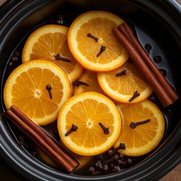 Sliced oranges with cloves and cinnamon sticks floating in water inside a slow cooker for a homemade simmer pot recipe.