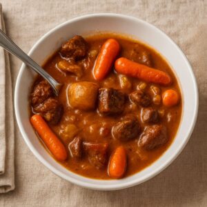 Bowl of slow cooker beef stew with tender beef chunks, carrots, and potatoes in a rich brown gravy, served with a spoon.