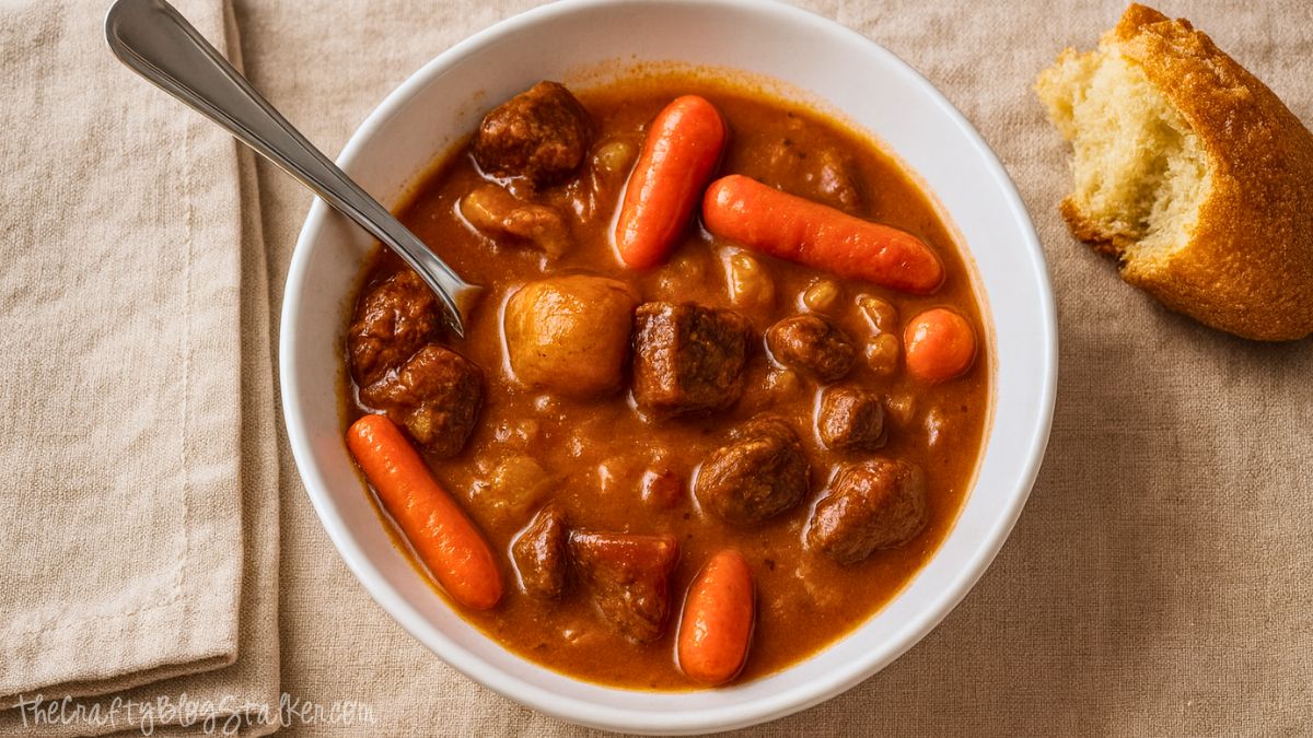 Bowl of hearty beef stew with carrots and potatoes in a rich broth, served with a spoon and a piece of bread on the side.