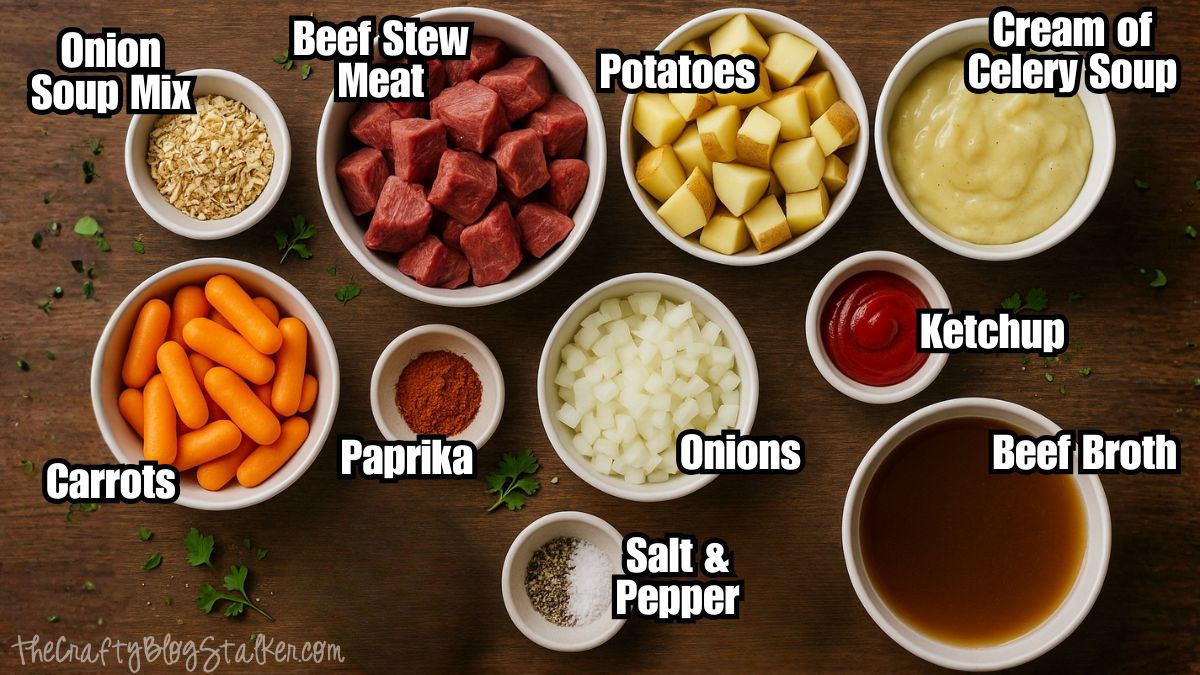 Overhead view of beef stew ingredients in bowls including beef, potatoes, carrots, onions, cream of celery soup, ketchup, broth, and seasonings.