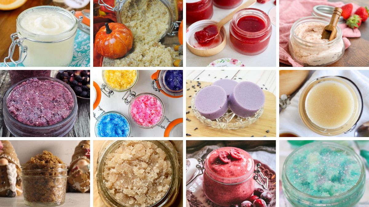 Collage of colorful homemade sugar scrubs in jars, featuring a variety of textures and ingredients like fruit, honey, and pumpkin on wooden and fabric backgrounds.