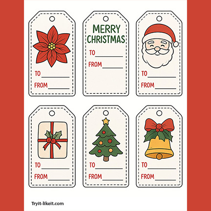 Printable sheet of six Christmas gift tags featuring a poinsettia, 