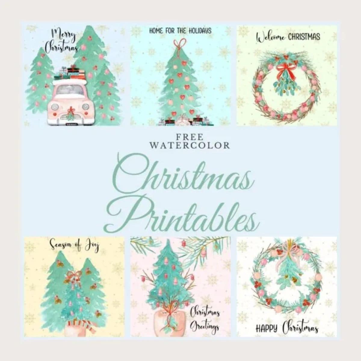 Watercolor Christmas printables featuring vintage-style holiday trees, wreaths, gifts, and a festive car, displayed in a grid with soft pastel backgrounds.