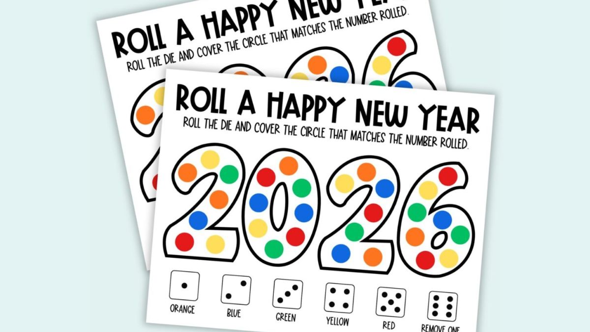 Printable Roll a Happy New Year dice game sheets showing the year 2026 with colorful circles, instructions at the top, and dice color key along the bottom.