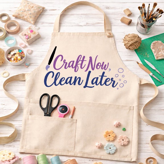 Canvas craft apron laid flat with the phrase Craft Now Clean Later, surrounded by sewing tools, scissors, thread, brushes, and craft supplies.