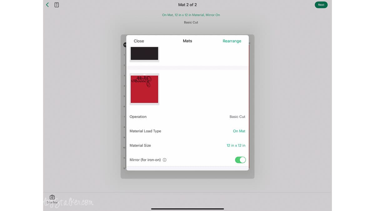 Cricut Design Space mat preview showing the Glitter Is My Favorite Color design mirrored on a 12 by 12 inch mat for iron-on cutting.
