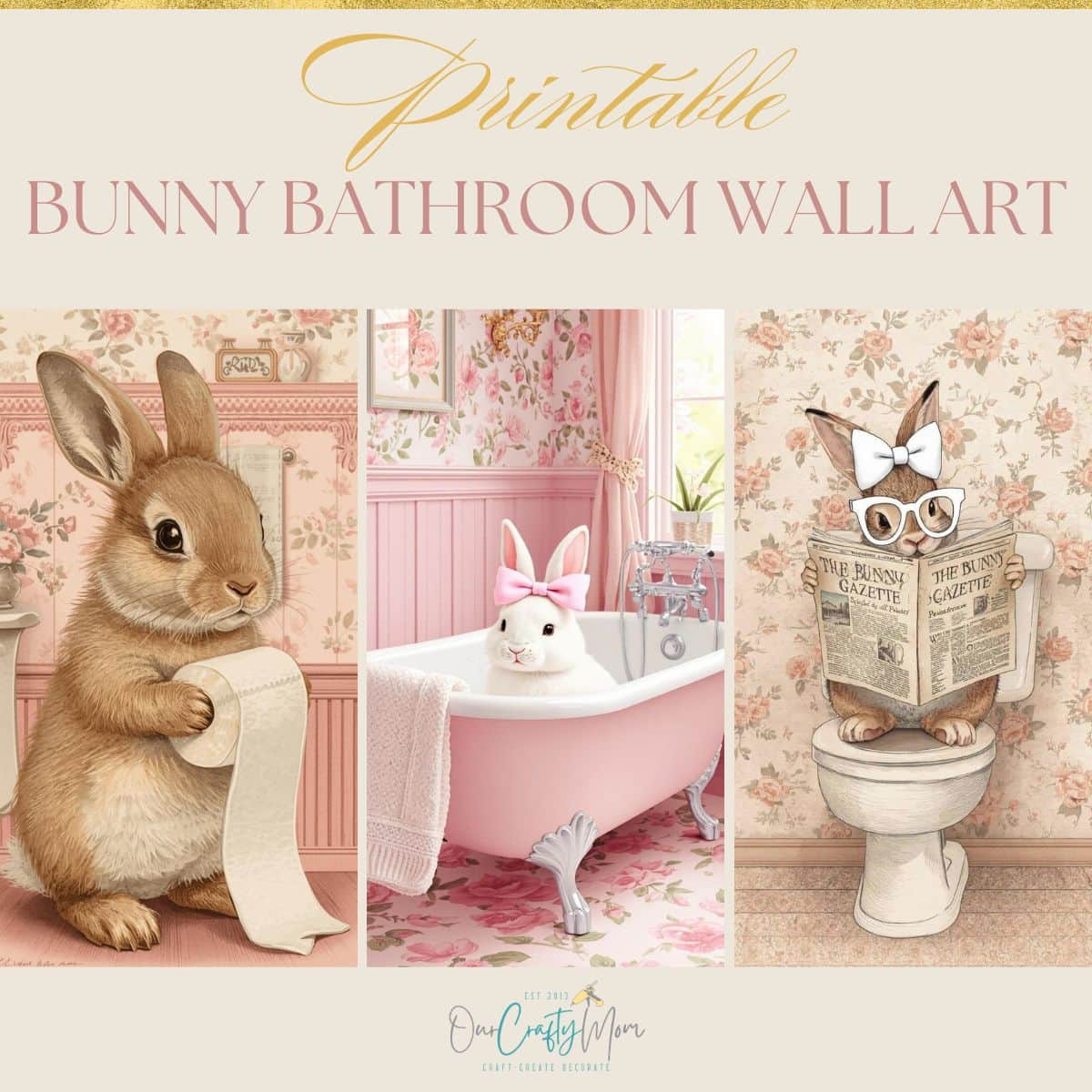 Collage of three printable bunny bathroom wall art designs featuring rabbits with toilet paper, in a bathtub, and reading a newspaper on a toilet.