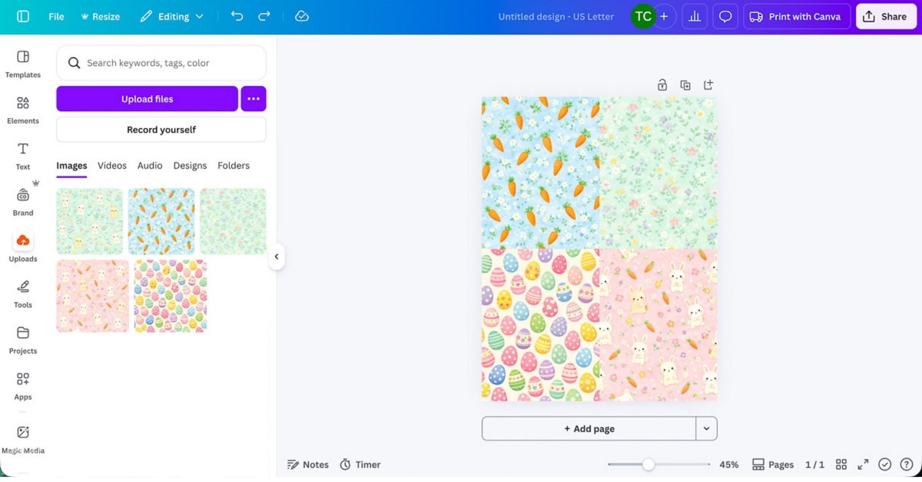 Screenshot of Canva editor showing a US Letter page with four pastel Easter digital papers arranged in a 2x2 grid layout.