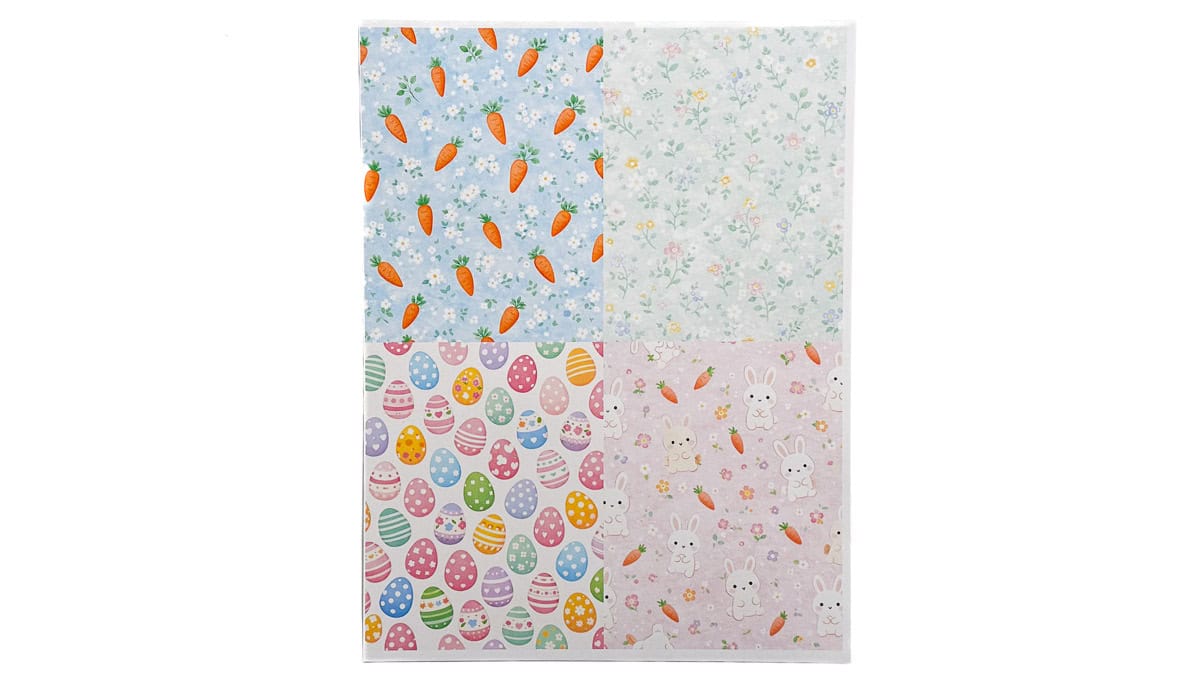 Printed US Letter sheet featuring four pastel Easter digital papers in a 2x2 grid with carrots, florals, eggs, and bunnies.