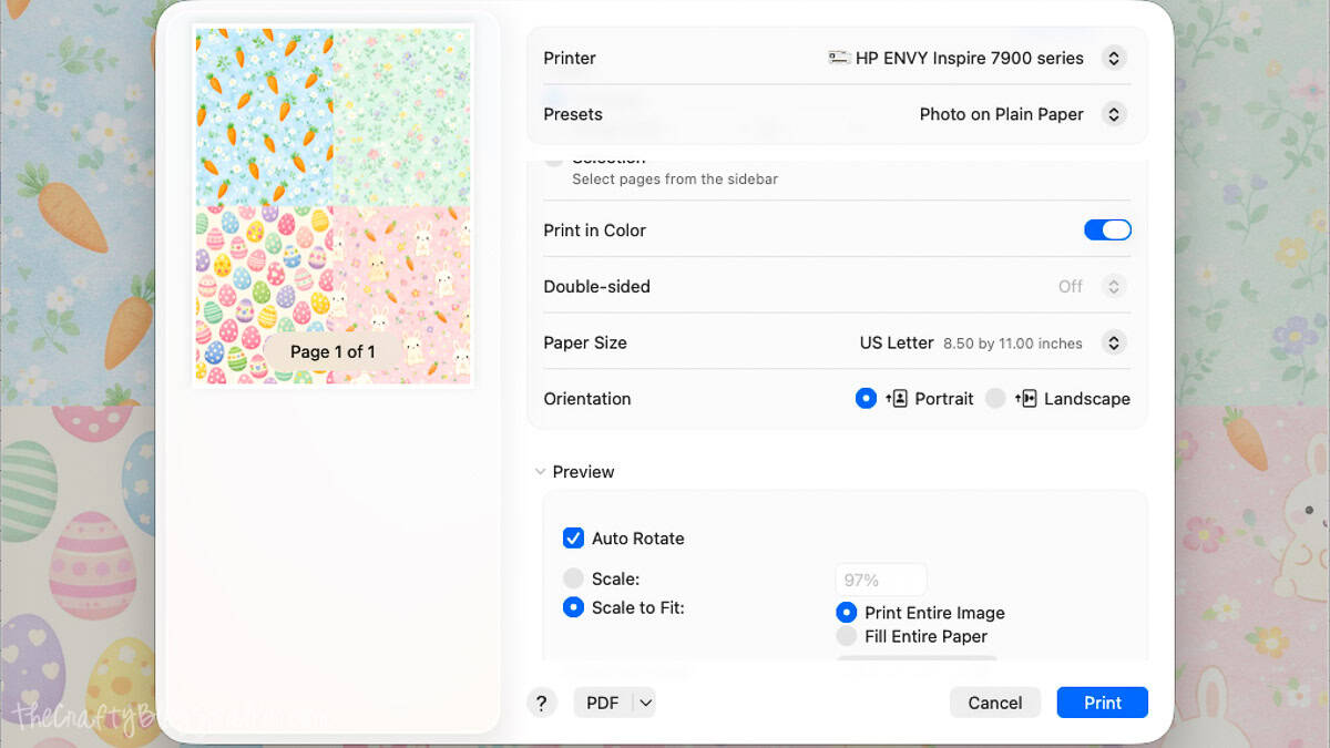 Printer settings window showing a US Letter page preview with four pastel Easter pattern papers arranged in a 2x2 grid ready to print.