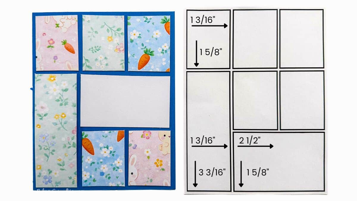 Handmade card layout with pastel patterned paper panels and a measurement guide showing cut sizes for each rectangle piece.