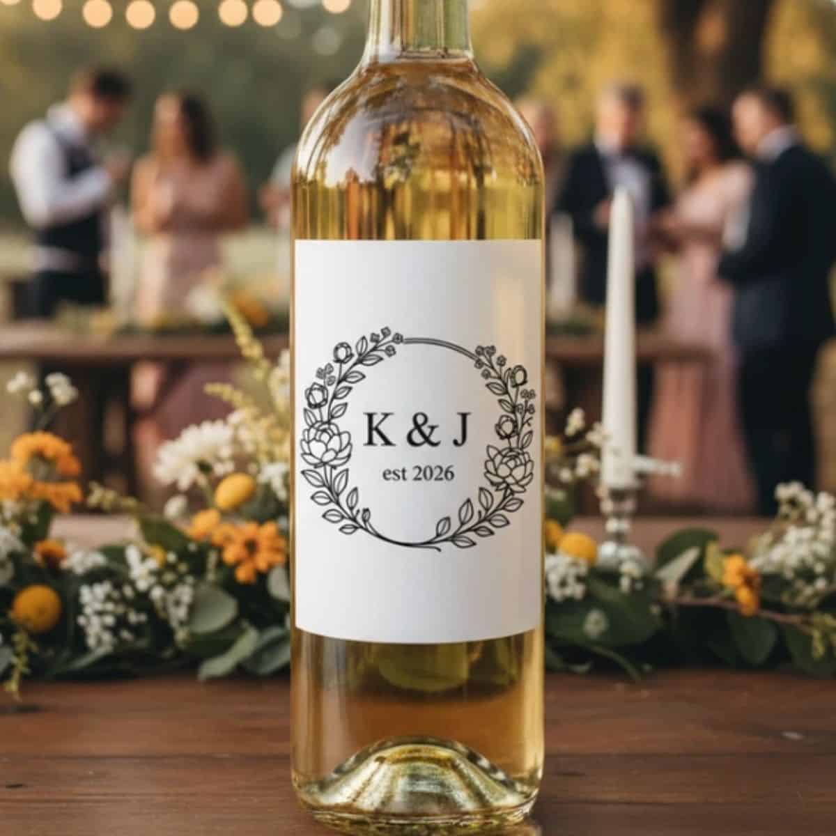 Wine bottle with a custom floral monogram label reading K & J est 2026, displayed on a decorated wedding reception table with flowers and candles