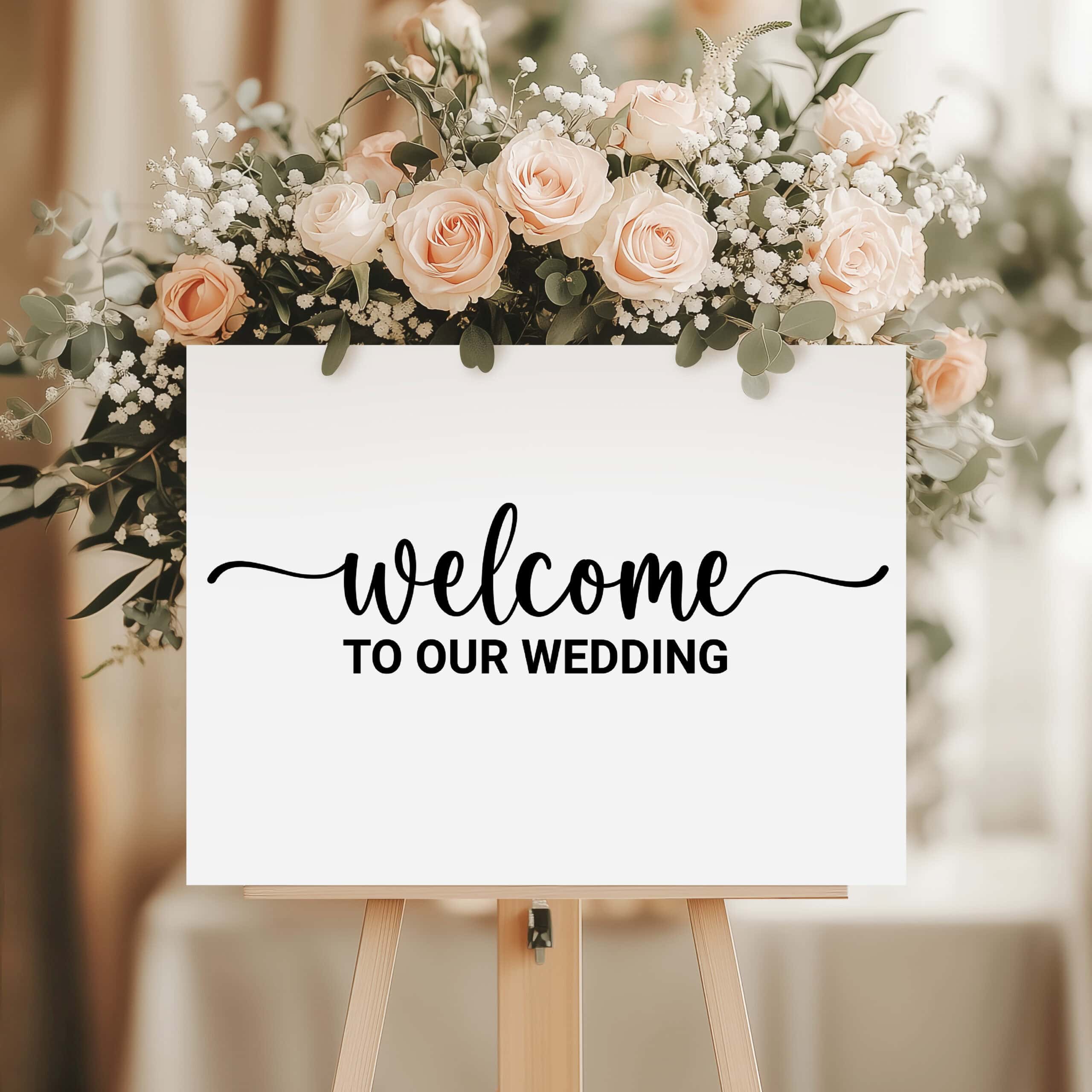 Wedding welcome sign on an easel with the phrase welcome to our wedding, decorated with peach roses, baby's breath, and greenery.